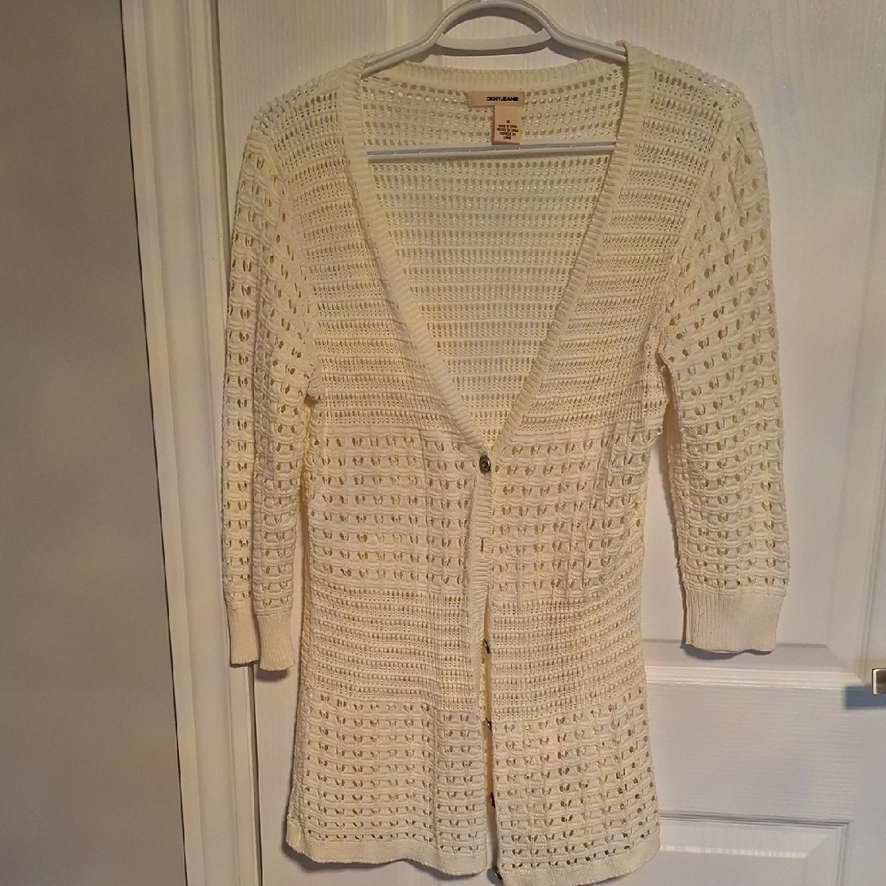 DKNY Cream‎ Openwork V-Neck Button Cardigan